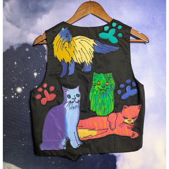 Vintage Silkscapes Cat Vest Black Silk Appliqué Whimsical Art to Wear Size S - Picture 3 of 10